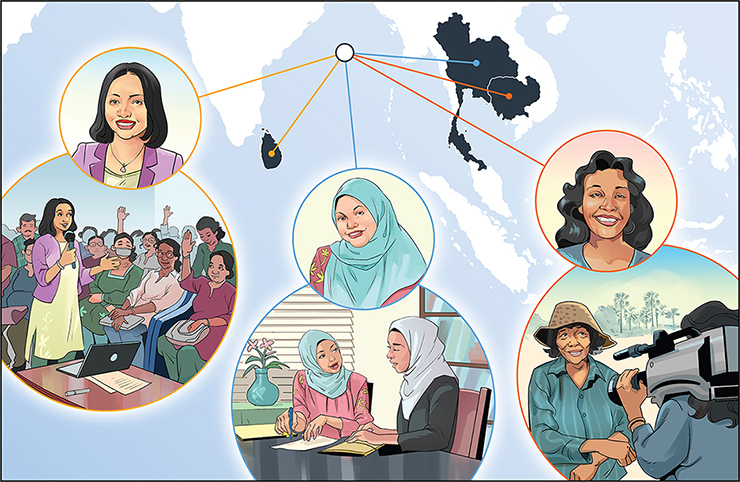 Illustration showing three women acting as leaders for peace in their communities.