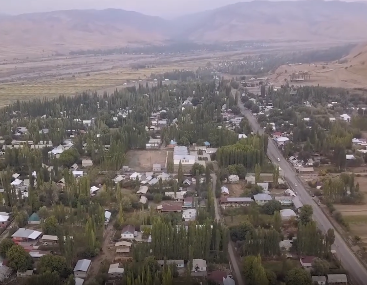 Drone shot of a town in Kyrgyzstan