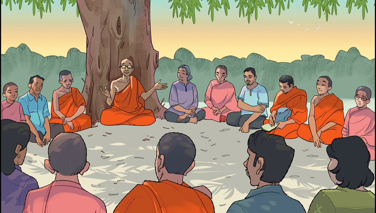 illustration of faith leader in support session with group of people sitting in circle.
