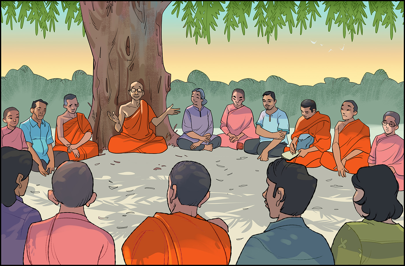 illustration of faith leader in support session with group of people sitting in circle.
