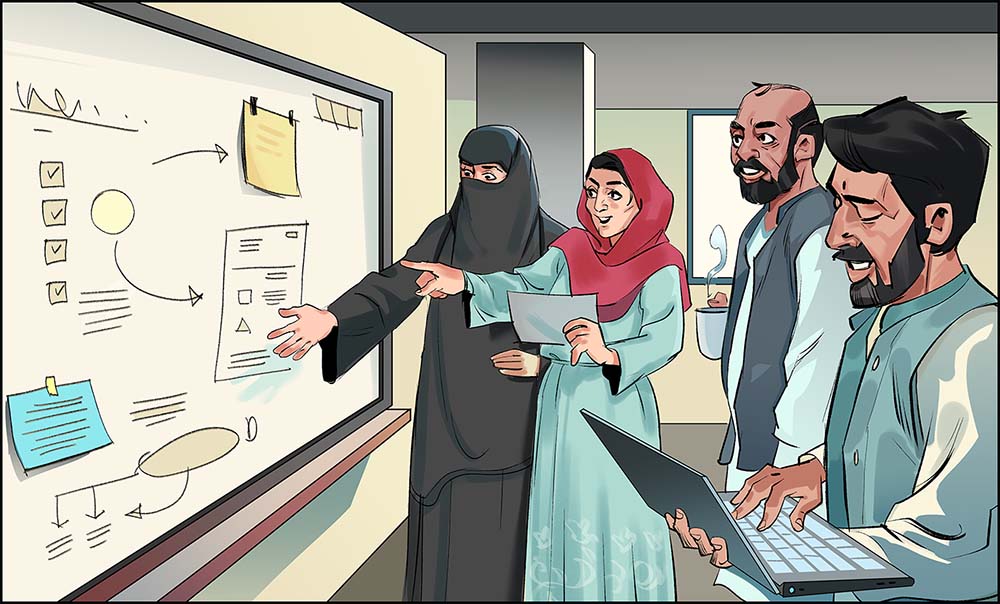 In this illustration, smiling staff from FHI 360 and local Afghan NGOs stand in front of a whiteboard, working together to design a nutrition workshop. Two female staff members point to information on the board, one male staff member holds a cup of tea and looks on; and one male staff member holds a laptop and takes notes.
