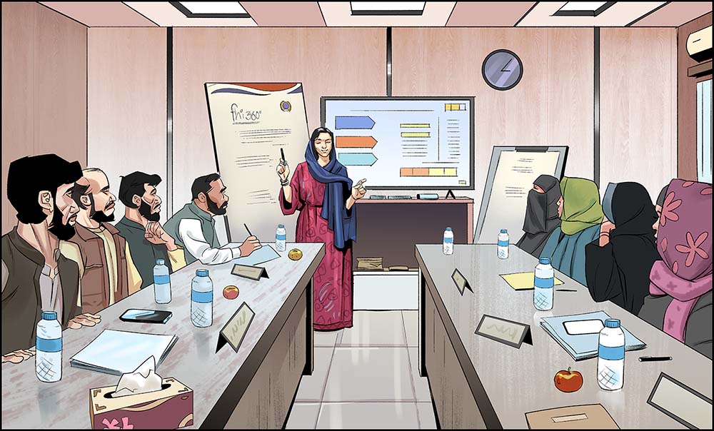 In this illustration, a female facilitator stands in front of informational posters and conducts a class on nutrition for infants and pregnant and lactating women. The room is full of male and female health care workers and staff from Afghan NGOs.