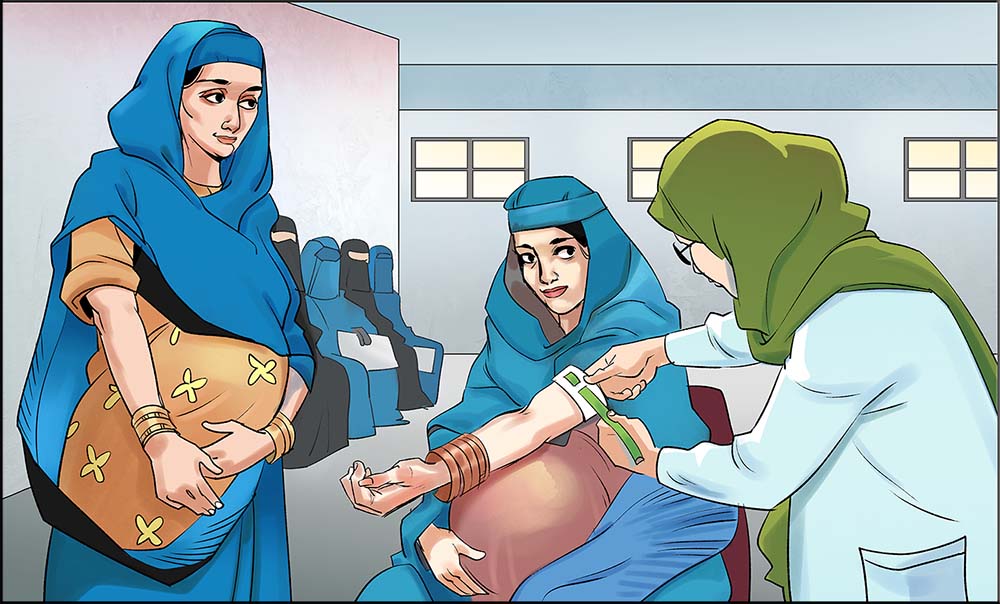 In this illustration, a health care worker measures the arm of a pregnant woman using MUAC — or mid-upper arm circumference — tape, which can help identify malnutrition. Another pregnant woman looks on, and a row of women sit in the background, waiting to be seen.