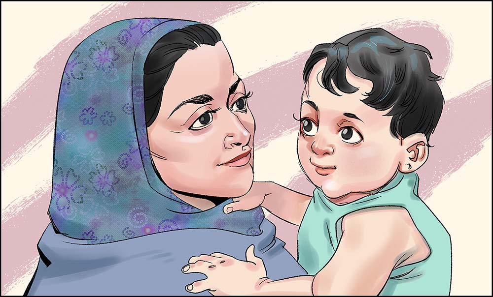 In this illustration, a mother wearing a floral hijab holds her baby in her arms; both have thoughtful expressions on their faces.