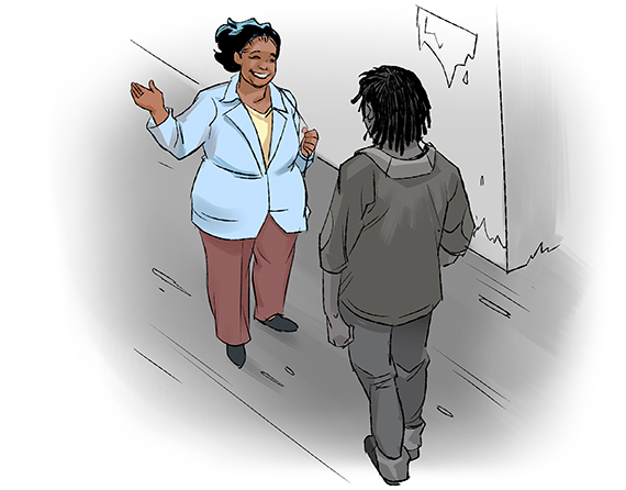 Omar is shown as a young adult walking in his neighborhood and meeting Latoya, an FHI 360 caseworker.