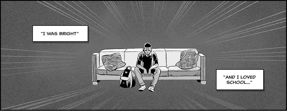 Omar reminisces about his past as a young teenager. In black and white, he is shown with short hair casually sitting on a couch with his school bag next to him and saying, 