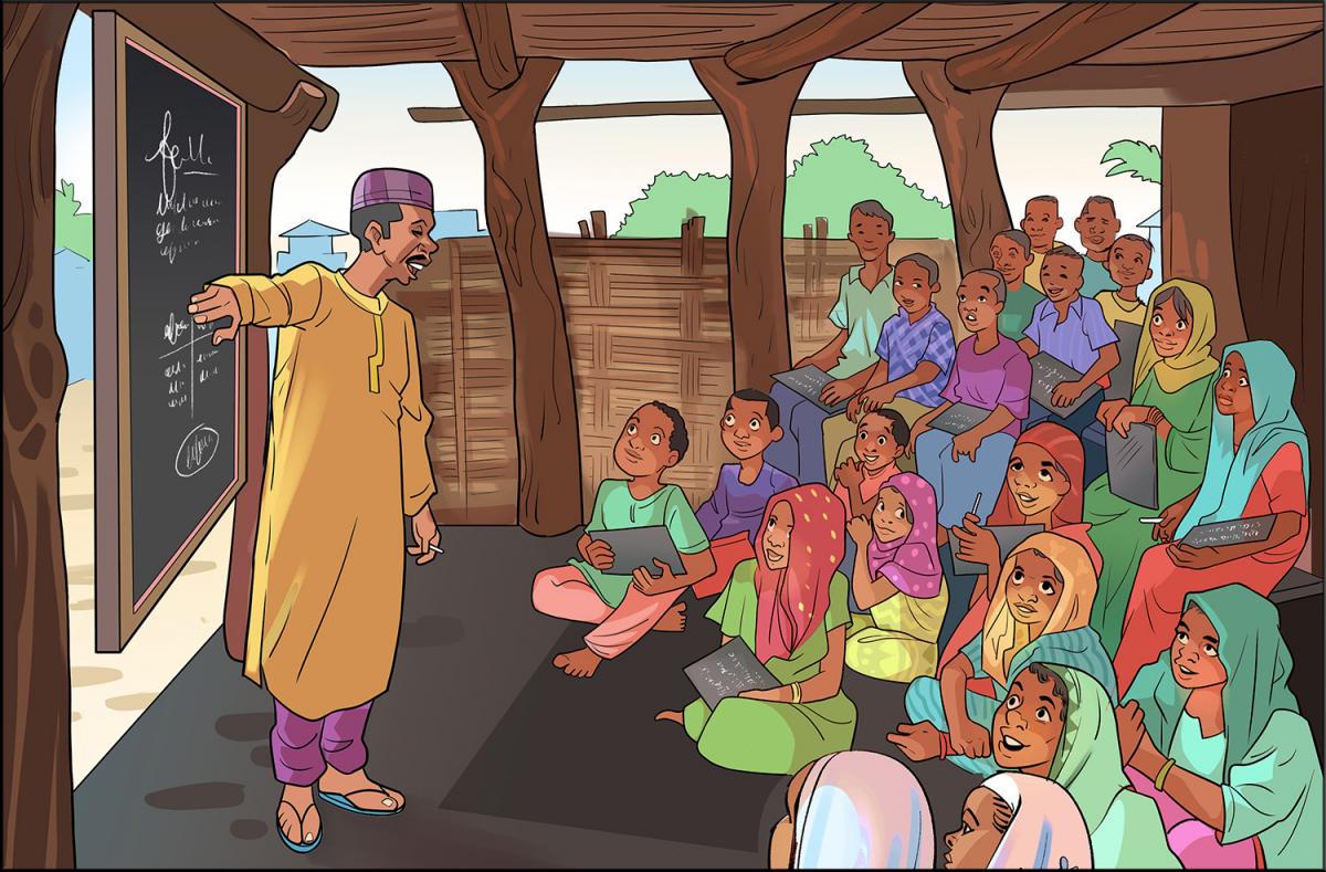 This illustration shows a daara, or elementary classroom, with many students and one male teacher in the front. The classroom is a small part of a larger grassy hut held up by trees and a chalkboard, where the teacher is standing and pointing. Half of the students are seated on the floor, and the others are seated on a wooden bench with a clear divide between girls and boys. Students are mixed ages and engaged in the teachers’ lesson for the day. All students are dressed conservatively, with girls wearing headscarves, or hijabs.