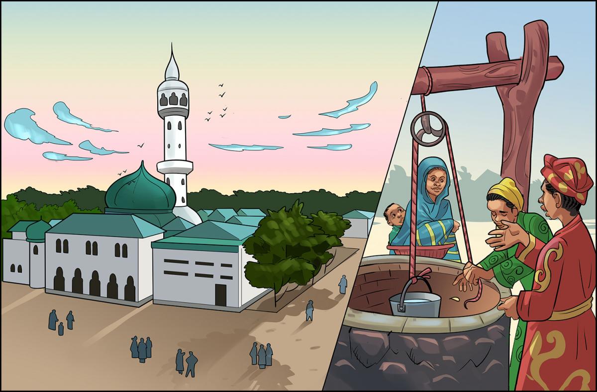 This illustration shows two scenes. The frame to the left is of a large mosque in the center of the community of Medina Gounass, with a few community members scattered around it. The frame to the right is of three women wearing headwraps fetching water from a well. One woman standing next to the well is carrying a baby on her back.