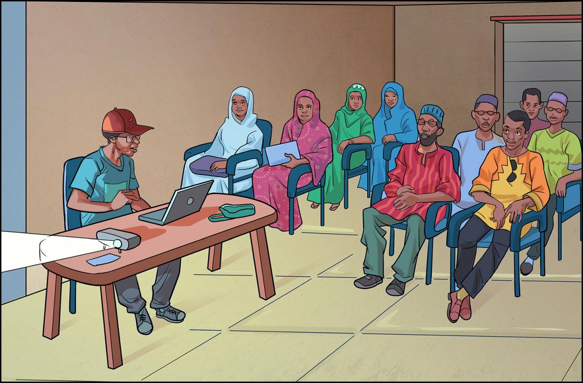 This illustration depicts a training workshop in a classroom filled with nine teachers from the Medina Gounass community. An instructor is seated next to a projector with his laptop at the front of the classroom, with four female teachers seated on one side and five male teachers on the other. All teachers are dressed in local conservative clothing and appear attentive and engaged in the presentation.