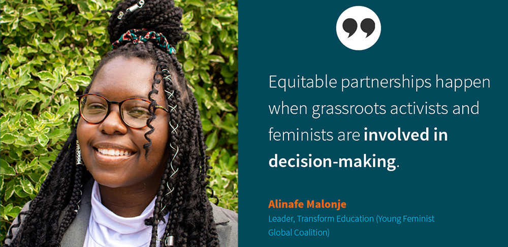 Headshot of Alinafe Malonje, Leader of Transform Education (Young Feminist Global Coalition), with quote on right side: Equitable partnerships happen when grassroots activists and feminists are involved in decision-making.